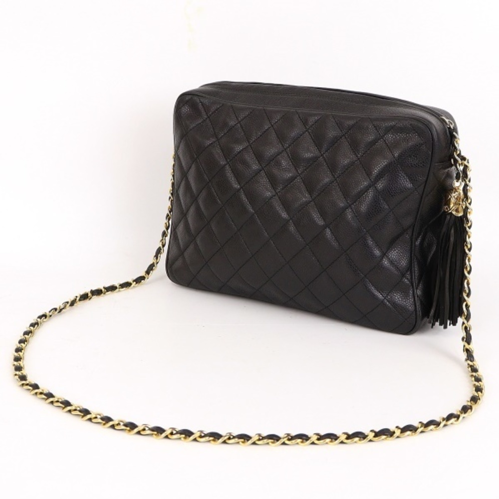 Chanel Chain Shoulder Bag Fringe Matelasse Caviar Skin Black - Picture 1 of 4